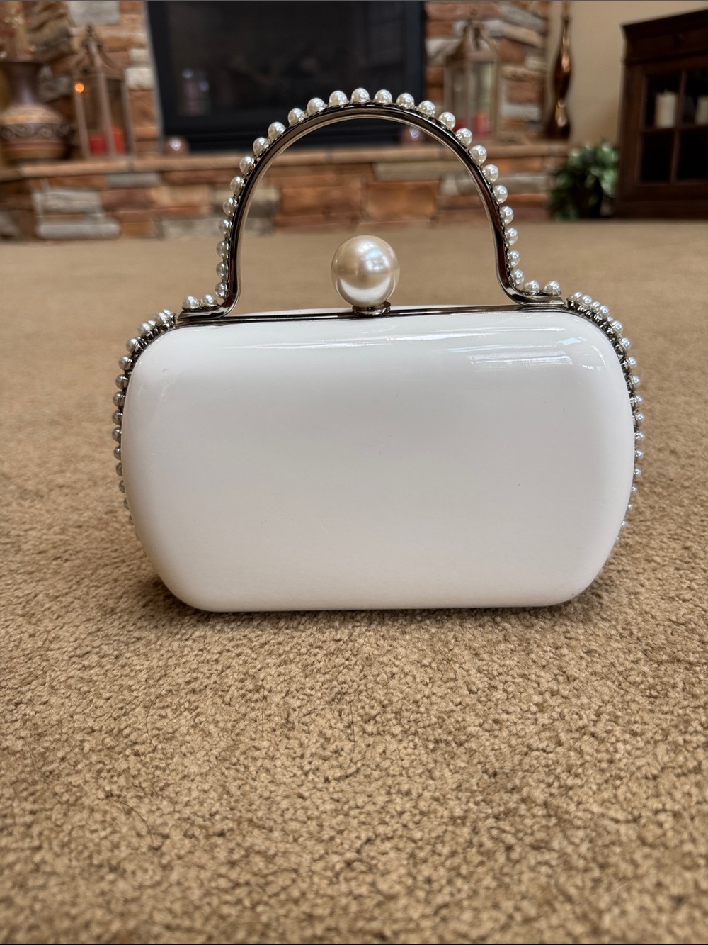 Aqua White Pearl-Trim Mini Top-Handle Clutch